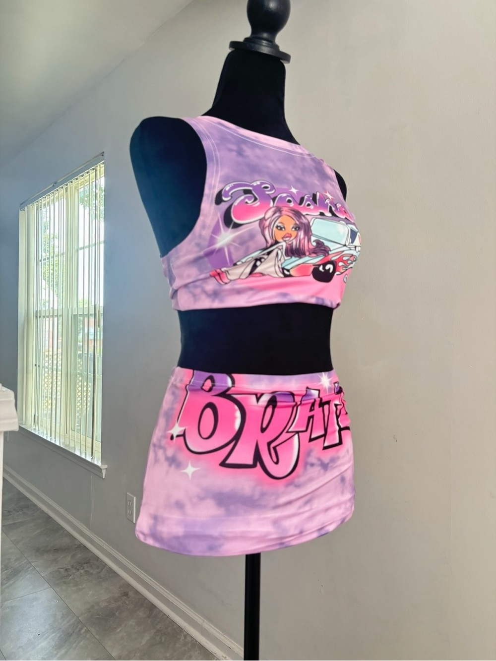 Bratz Pink Purple Tie-Dye Graphic Crop Top & Skirt Set - Women’s